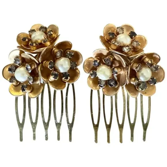 Bridal Floral Hair Combs Gold Flower Pearl Wedding Accessories Vintage Jewelry - Picture 2 of 6